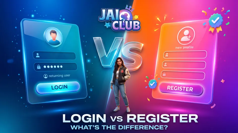 Colorful split-screen illustration comparing Jai Club Login for existing accounts with Register for new account creation.