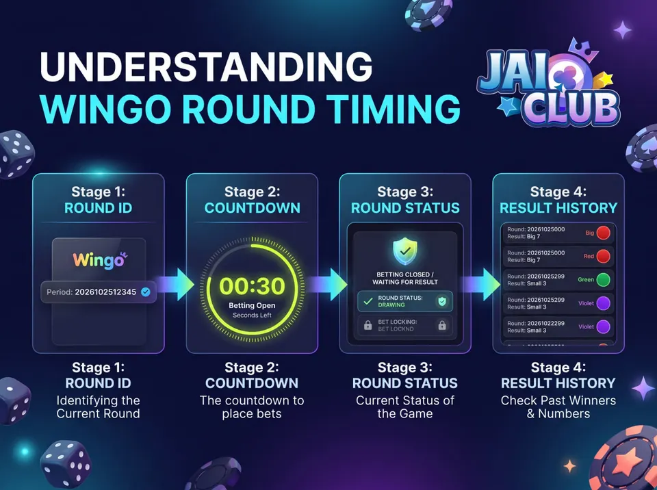 Infographic explaining the relationship between WinGo round identifiers, countdown timers, round status, and result history.