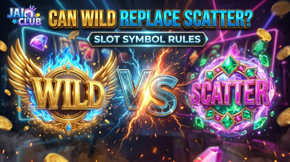 Golden Wild symbol facing a colorful Scatter symbol in a slot game illustration explaining substitution rules.