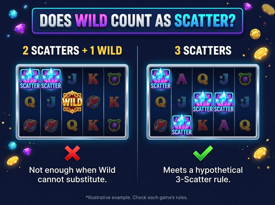 Comparison showing why two Scatter symbols and one Wild may not satisfy a three-Scatter bonus requirement.