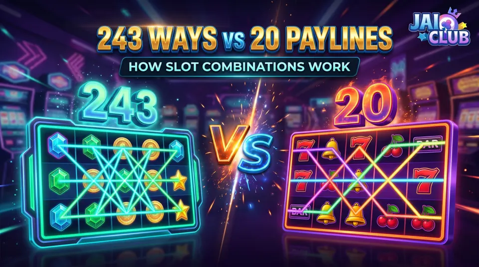Colourful comparison of 243 ways to win and 20 paylines using two five-reel slot grids with different symbol connection patterns.
