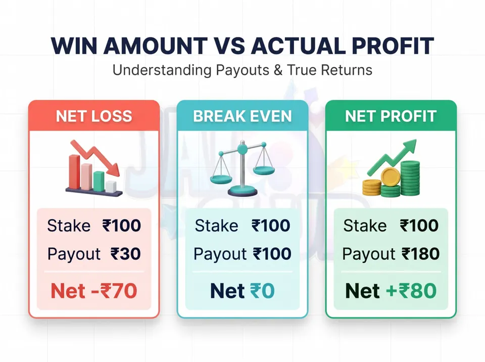 Three examples comparing ₹100 stakes with smaller, equal and larger payouts to explain net loss, break-even and profit.