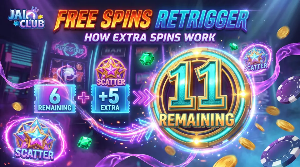 Colourful slot free spins bonus counter showing six remaining spins and five additional retrigger spins.