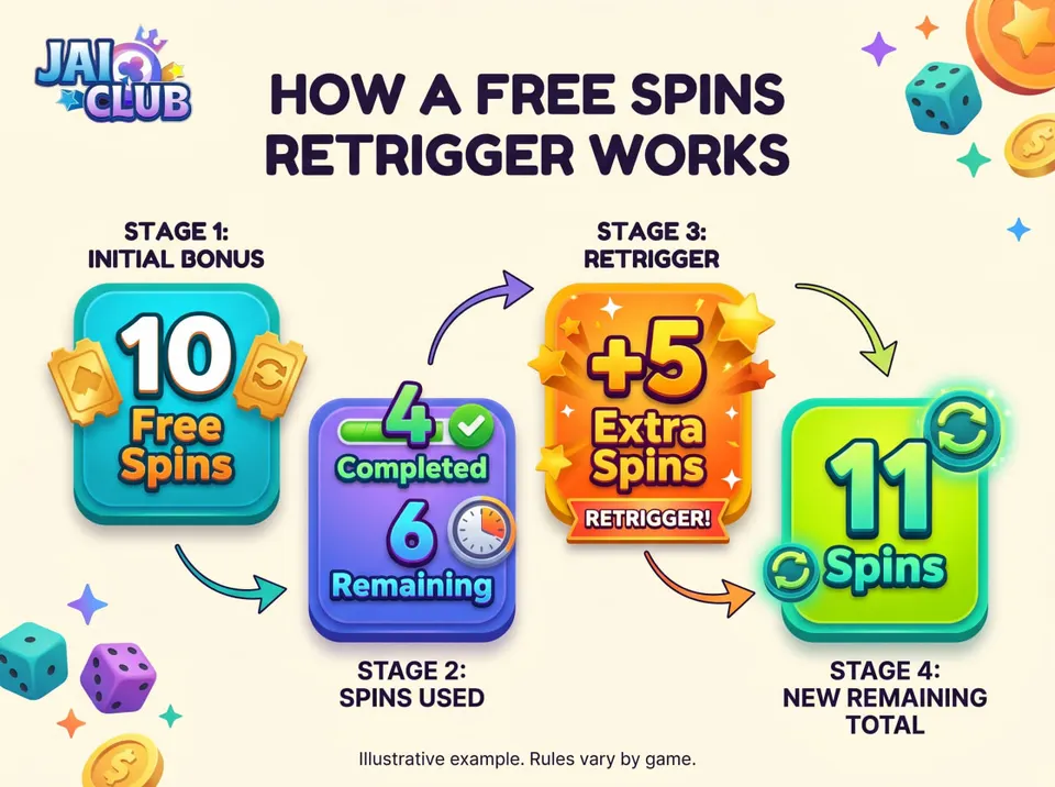 Four-stage infographic explaining how six remaining free spins become eleven after a five-spin retrigger.