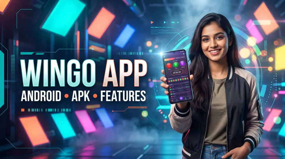 Indian mobile technology illustration showing a fictional WinGo Android interface with timer, period number and result history.