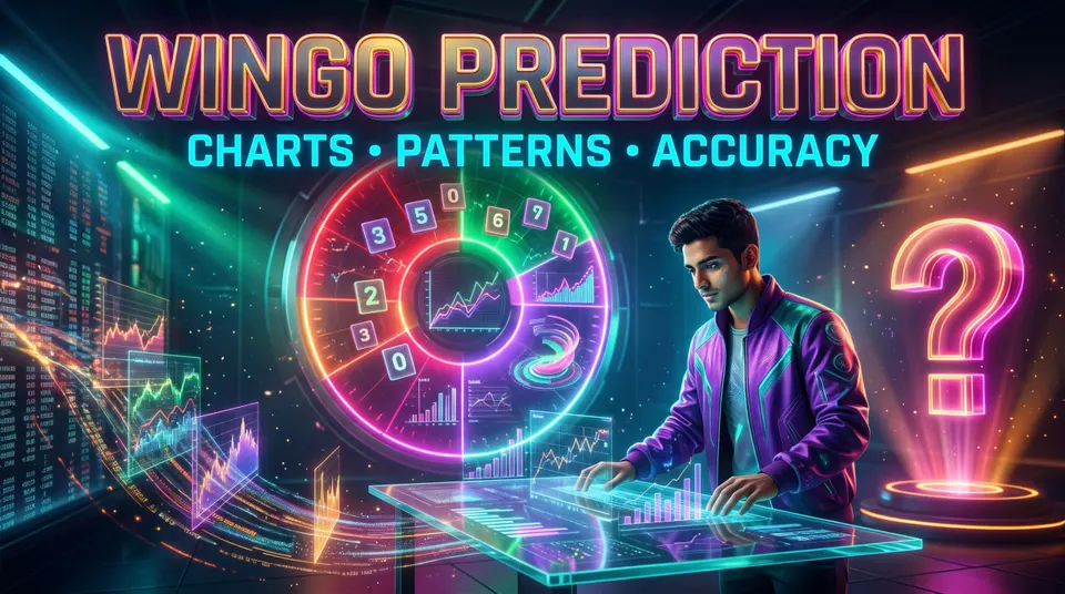 Colourful WinGo prediction illustration with red, green and violet charts, numbers and historical pattern analysis.