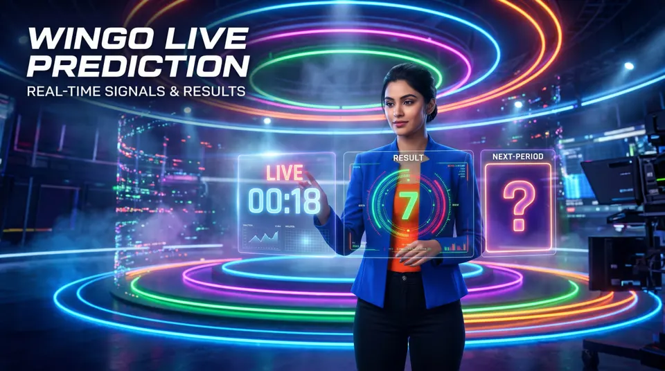 WinGo live prediction illustration with a countdown timer, completed result display and unknown future period.