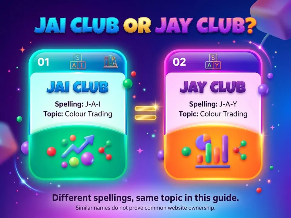 Infographic comparing the Jai and Jay spellings in Colour Trading searches, explaining that spelling alone does not establish a different game.