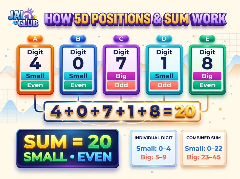 5D Lottery infographic explaining positions A to E, their individual Big Small and Odd Even classifications, and a combined SUM of 20.