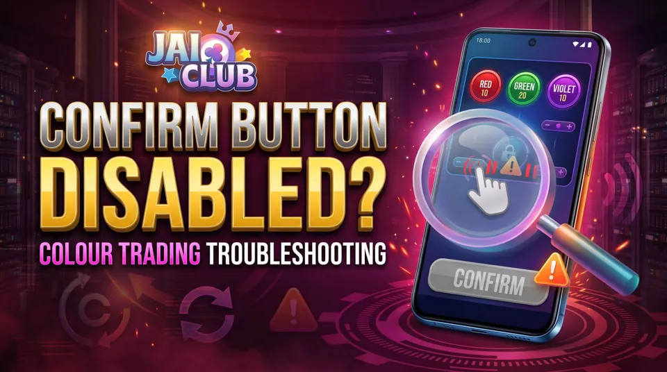 Jay Club Colour Trading illustration showing a disabled grey Confirm button on an Android game interface.
