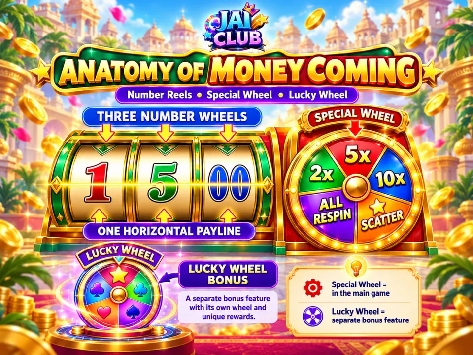 Annotated blueprint showing the three Money Coming number wheels, one horizontal payline, fourth Special Wheel and separate Lucky Wheel feature.