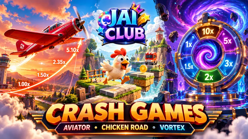 Jai Club Crash Games illustration comparing Aviator's flying multiplier, Chicken Road's step-based gameplay and Vortex's spinning multiplier wheel.