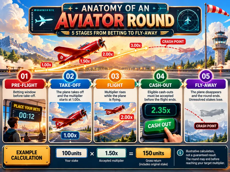 Five-stage Aviator crash game infographic showing pre-flight, take-off, rising multiplier, cash-out and fly-away.