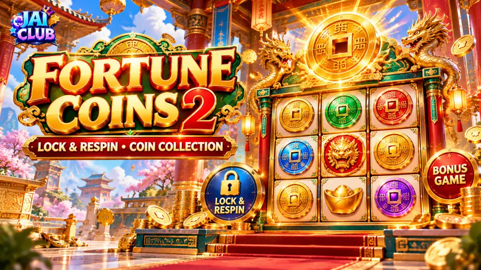 Fortune Coins 2 JILI infographic showing Fortune Coin symbols, the Lock & Respin feature and bonus prize collection.