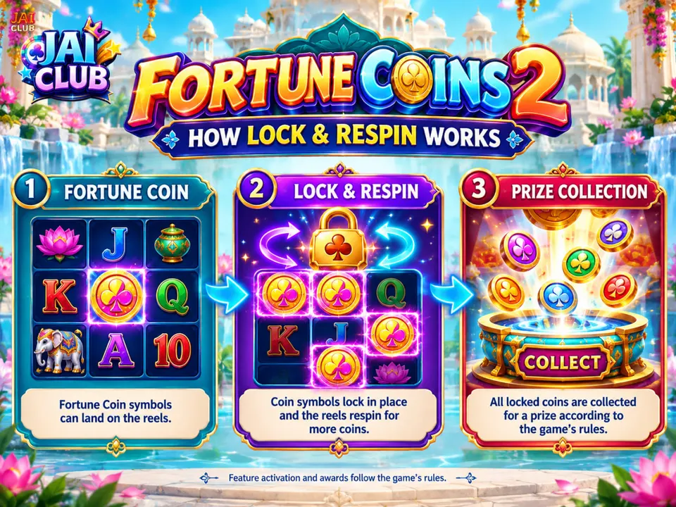 Fortune Coins 2 JILI infographic showing Fortune Coin symbols, the Lock & Respin feature and bonus prize collection.