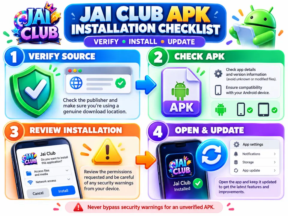 Jai Club APK installation checklist showing source verification, APK compatibility, Android security and application updates.