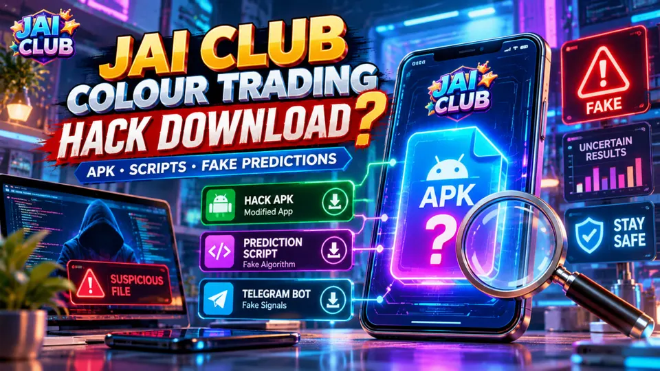 Jai Club Colour Trading hack download illustration showing suspicious APK files, prediction scripts, Telegram bots and security checks.