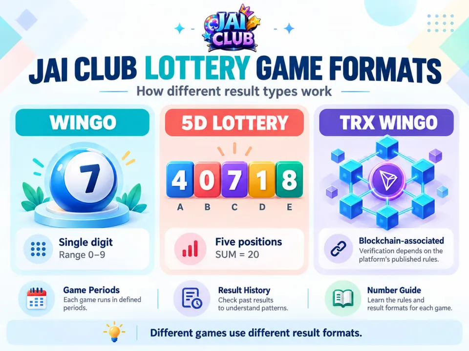 Jai Club Lottery infographic comparing WinGo single-digit results, 5D five-position numbers and TRX WinGo blockchain-associated results.