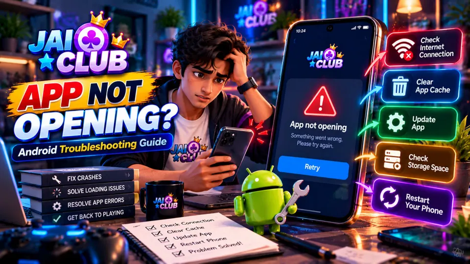 Jai Club app not opening on Android, showing an error screen with troubleshooting tips for app crashes, internet connection, cache and updates.